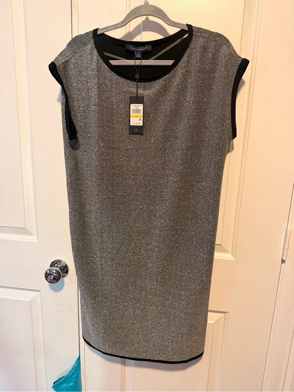 Tommy Hilfiger Silver Metallic Shift Midi Dress with Black Trim medium
